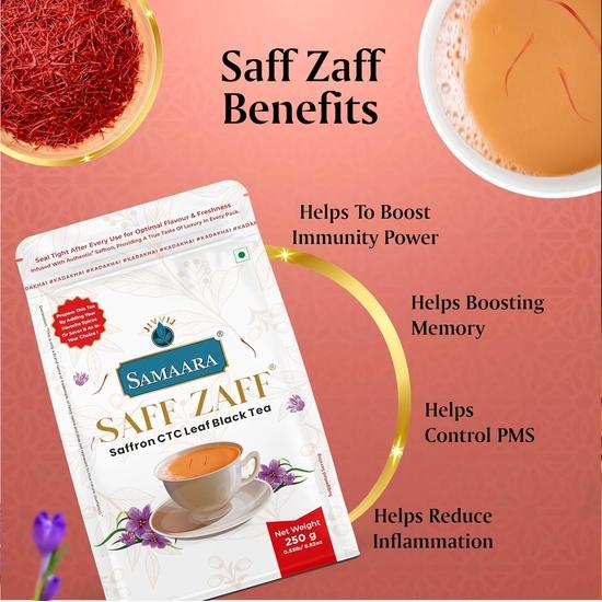 JIVVIJ SAMAARA Saffron Tea 250gm | Flavoured CTC Assam Black Leaf Tea | Kesar Chai Patti Powder | Saff Zaff Pouch