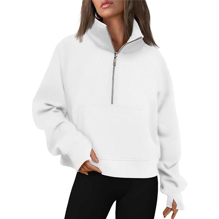 Stand Collar Casual Sweatshirts Half Zip Women Cropped Pullover Thumb Hole Oversized Hoodie Solid Color Plus Size Sports Outfit Plus Size