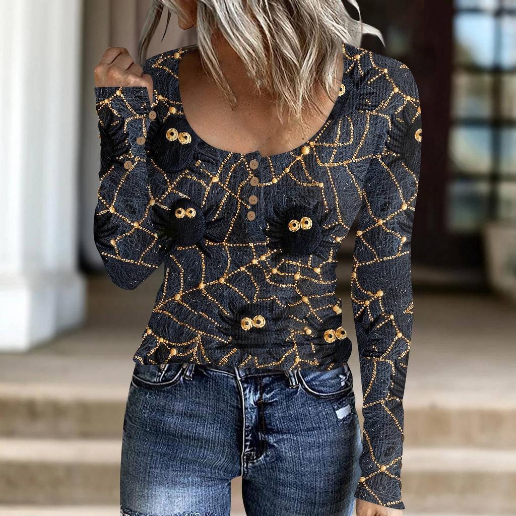 Женский модный повседневный свитер с длинными рукавами и принтом на пуговицах в стиле Хэллоуина