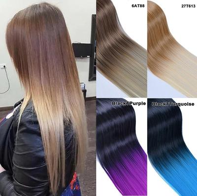 Наращивание волос Цельное Без Зажимов Радужный Омбре Цвет Накладка Длинные Прямые Волосы