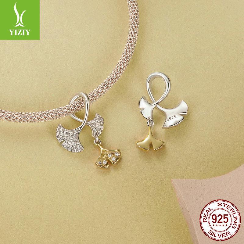 Autumn Mori Ginkgo Biloba Diy Pendant Accessories, Color Separation Electroplated Leaves S925 Sterling Silver Beads