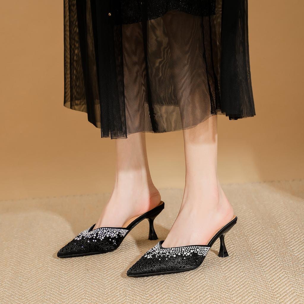 Туфли-полуботинки Баотоу для женской летней носки, новые туфли на тонком каблуке-шпильке с острым носком и стразами, модные женские сандалии