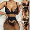 3 шт. Кружевной комплект женского сексуального нижнего белья с цветочным узором, беспроводной бюстгальтер + стринги + подвязка, комплект пижамы
