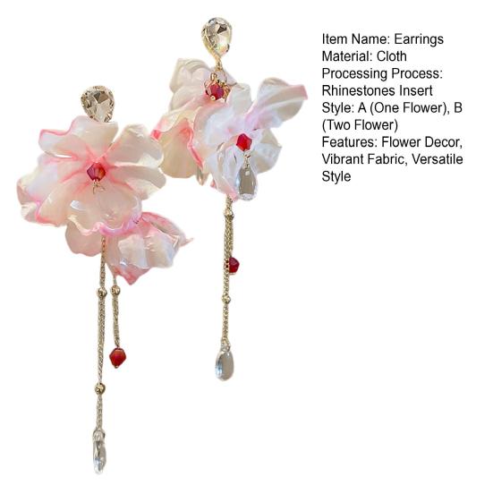 1 пара серег-подвесок, яркие серьги с кисточками из ткани в виде цветка и стразами, праздничные эффектные серьги