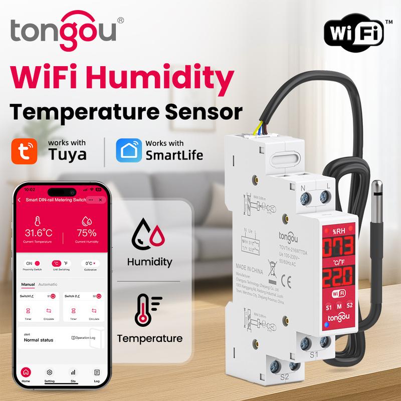 Tuya Датчик температуры и влажности WiFi Умный переключатель 2-клавишный 18 мм DIN-рейка с, 3840 Вт AC/300 Вт DC, Таймер, Smart Life/Alexa/Google