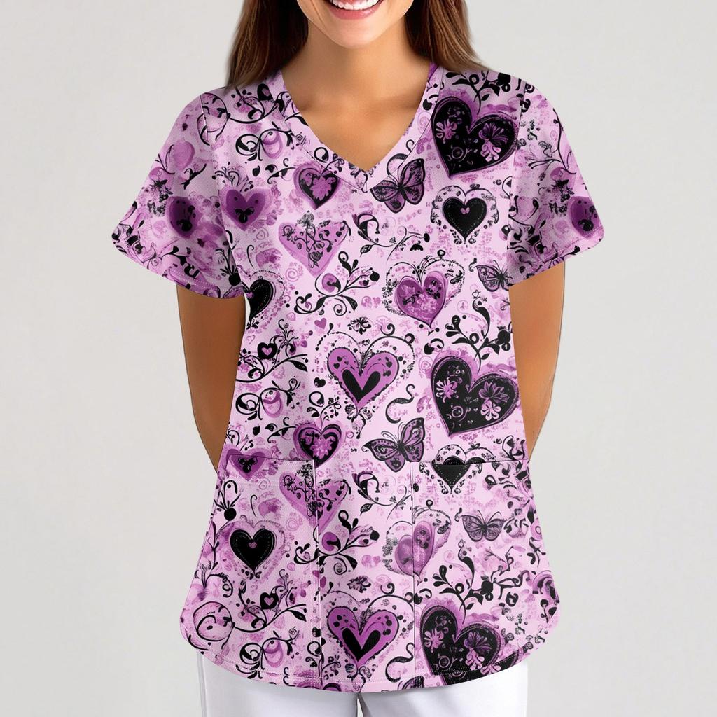 Women's Small Animal Cartoon Print Loose V-neck Pocket Short-sleeved  Uniform  Uniform
