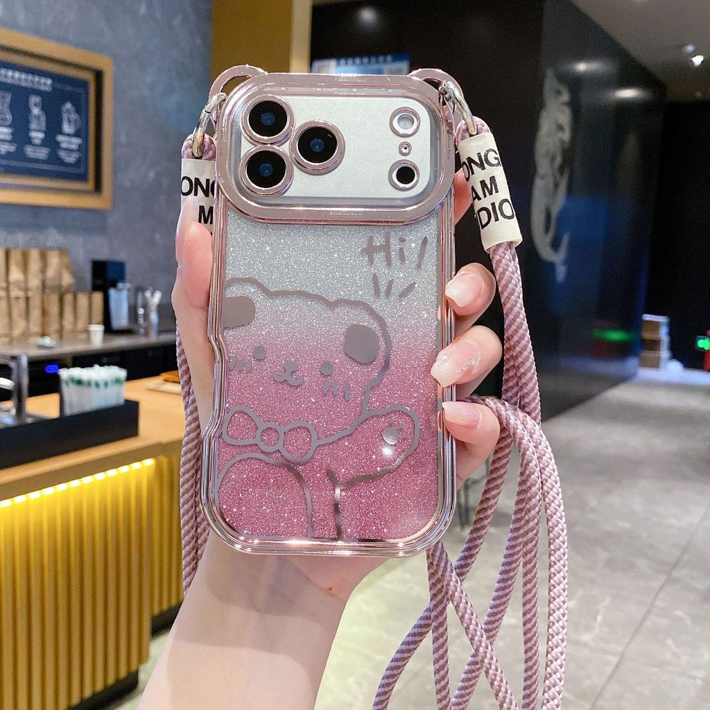 Для телефона IPhone17promax Чехол Мультяшный Мишка Тедди для Apple 16 Гальванизированный Блестящий 15 со Шнурком Защитный Чехол