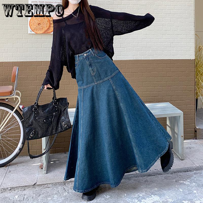WTEMPO Длинная винтажная синяя джинсовая юбка, женская весенне-осенняя элегантная универсальная юбка с высокой талией, уличная одежда