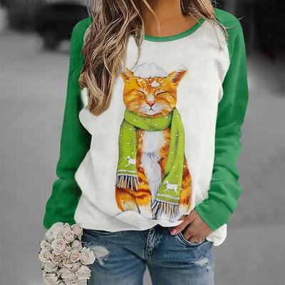 Женская мода Новые топы с длинным рукавом с принтом снеговика Повседневные осенние и зимние свитера с круглым вырезом и 3D-принтом с изображением кота Женские толстовки