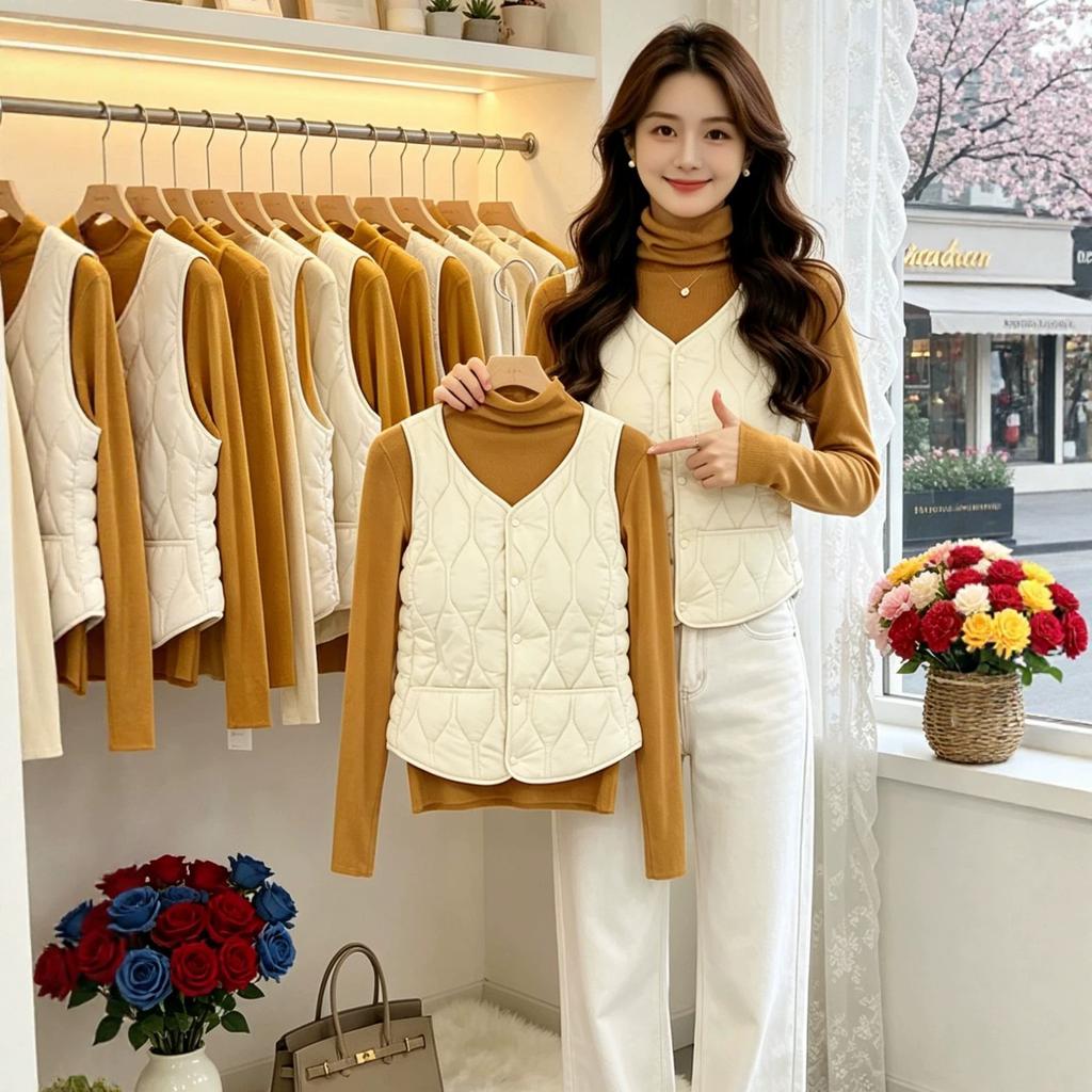 Autumn and winter new down cotton vest women's short down warm V-neck vest with fashionable large size vest