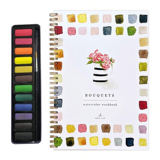 Watercolor Workbook 12 Colors Watercolor Painting Set with Paint Brush Beginner-Friendly Birds Animals Flowers Watercolor Book