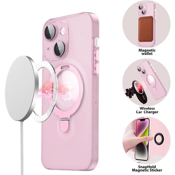Coque pour iPhone 15, Antichoc Rigide avec Support Anneau Magnétique Réglable et Protection Caméra - Translucide Rose