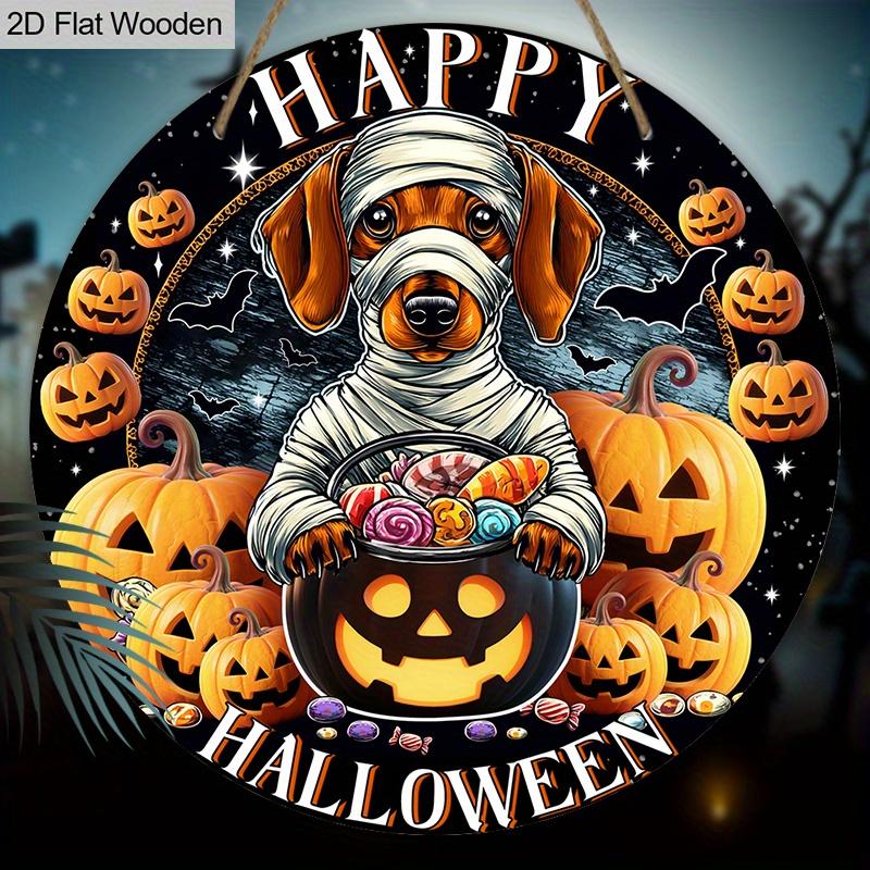 Halloween Wooden Sign with Bandaged Dog & Pumpkin Pattern - Unique Figurine Ornaments with Happy Halloween - Ideal for Front Door, Wall, Room Decor