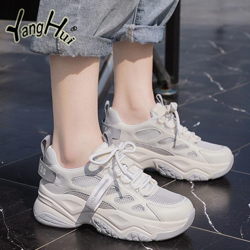 Сетчатые дышащие толстые кроссовки с увеличенной подошвой 2024 года, новые модные удобные кроссовки для бега и спорта для женщин на лето