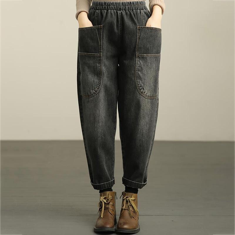 Ретро рваные брюки-шаровары с эластичной резинкой на талии, женские джинсы, свободные широкие брюки, прямые джинсовые брюки с большими карманами