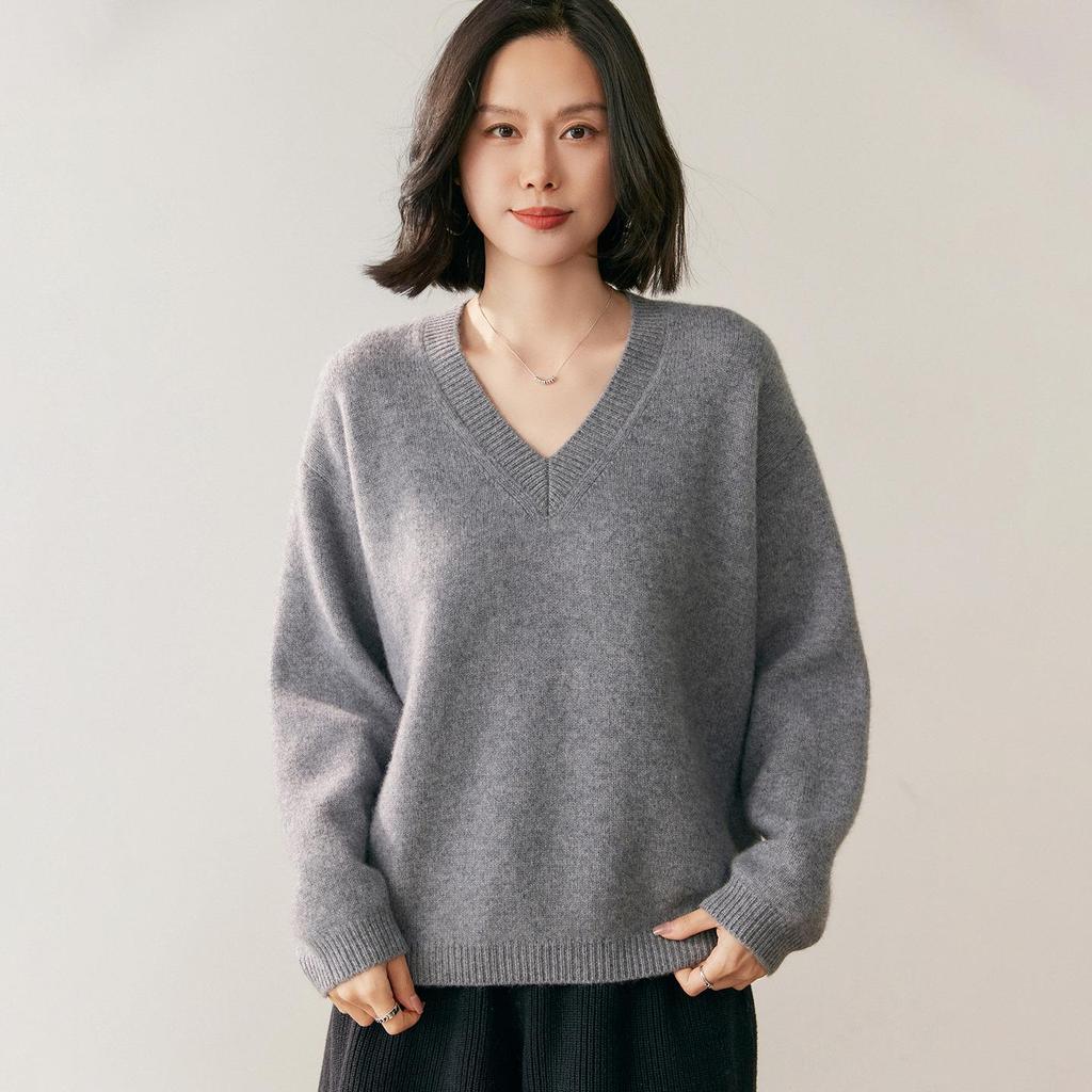 Женский свободный кашемировый свитер с V-образным вырезом 2026 Осень/Зима - Нежный универсальный вязаный базовый слой