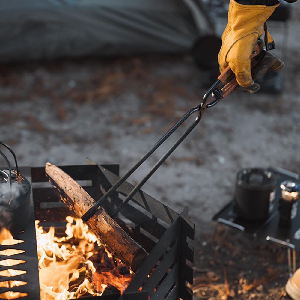 Carbon Steel Charcoal Tongs Outdoor Camping Fire Poker with Leather Cover Bonfire Firewood Clip Anti-Scald Long Handle BBQ Tool