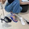 Мода Модные женские босоножки с узким ремешком черного, белого, синего цвета, летнее платье на шпильках, тонкие, высокие каблуки, туфли-лодочки с ремешком на щиколотке, размер 40