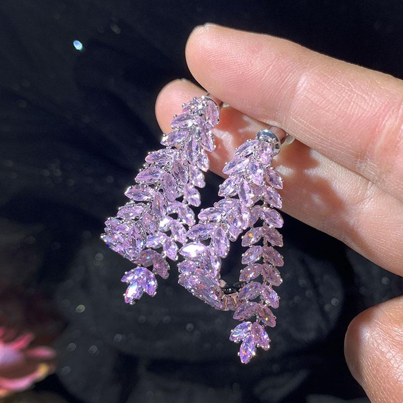Pink Love Earrings Front and Rear Dual-purpose Integrated Super Flash Fairy Temperament Elegant Girl Heart Flow Su Leaf Earrings