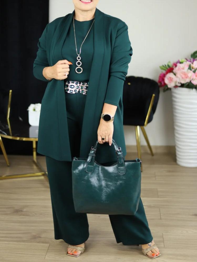 Бежевый комплект из 3 предметов: топ с длинным рукавом свободного кроя и брюки