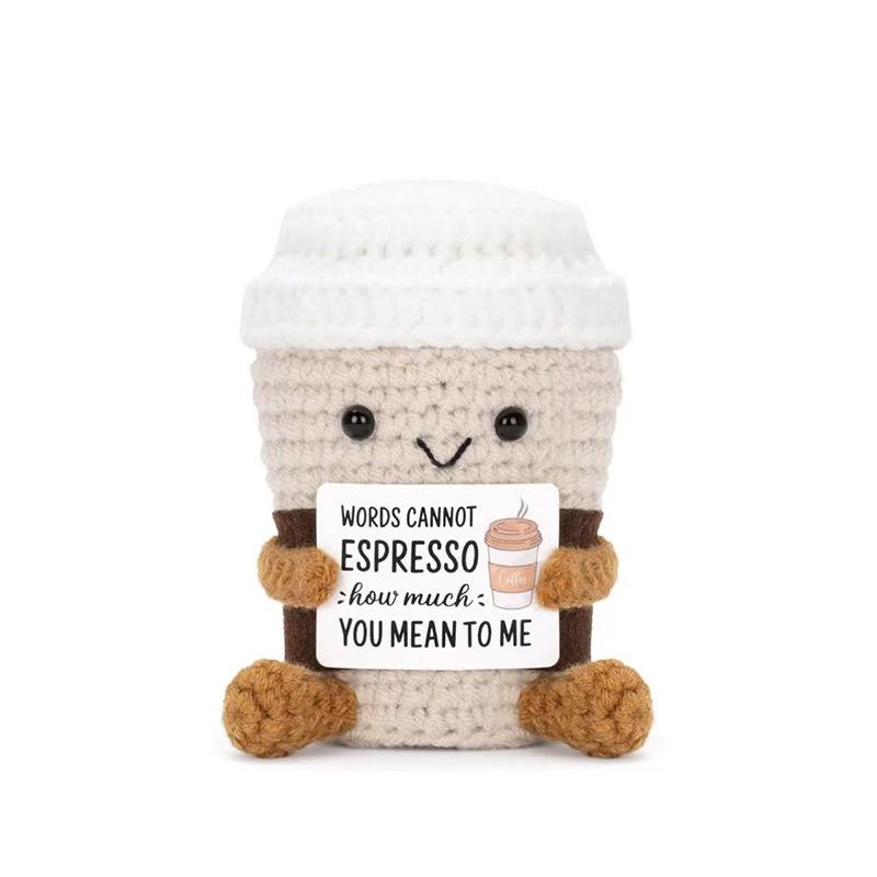 Funny Crochet Emotional Support Coffee Doll With Card Desktop Ornament Handmade Knitted Coffee Dolls Christmas Gifts Home Decor