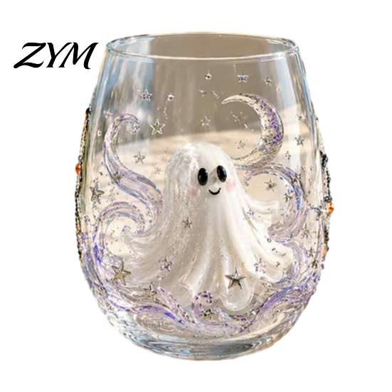 Spooky Kitchen Decor Halloween Glass Tumbler, Embossed Pumpkin Ghost Cat Bat Drinking Glass, Festive Beverage Cups Stemless Cups, Seasonal Drinkware