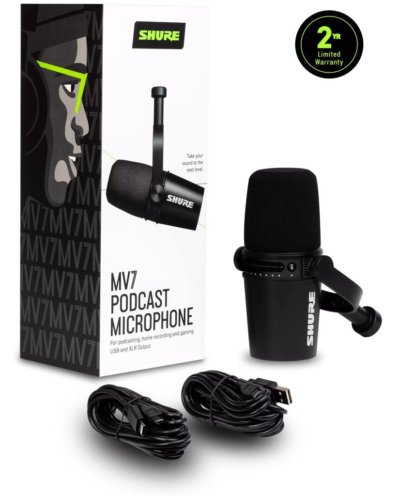 Shure MV7 USB Podcast Microphone for Live Streaming Headphone All Metal Dynamic TeamSpeak Certified Black Podcasting, Recording, & Gaming, Built-In