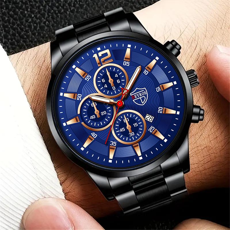 2pcs/set Fashion Men's Calendar Watch, Men's Business Stainless Steel Quartz Watch & Bracelet Necklace Set