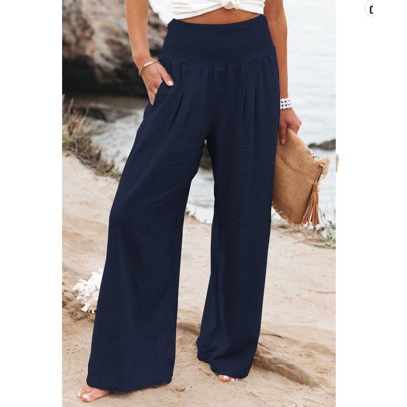 2023 Casual Beach Wide Leg Pants Women Fashion Solid Elastic Cotton Linen Long Pants Chic Loose High Waist Ladies Trousers 22683