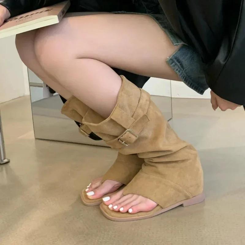 Дизайнерские женские ботинки Модные женские сандалии с открытым носком Роскошные замшевые высокие римские сандалии Уличные универсальные женские ботфорты