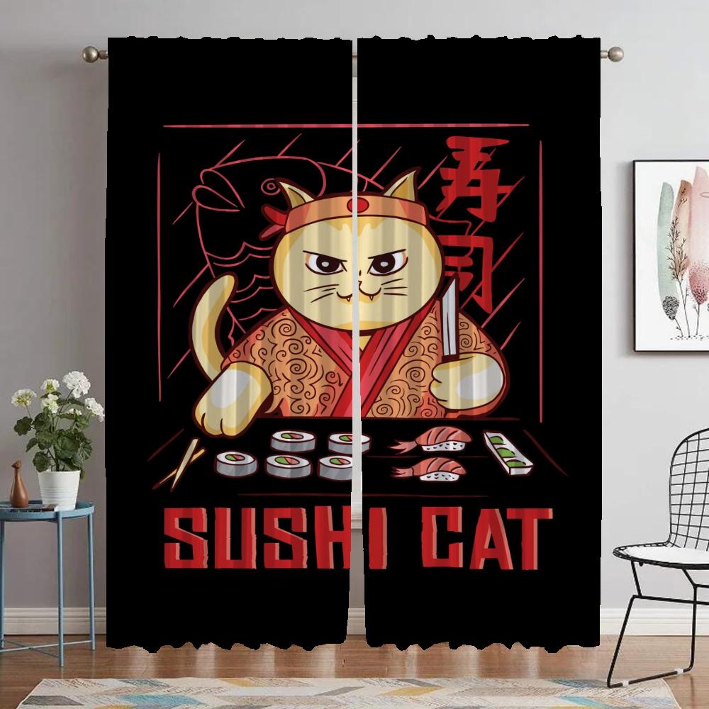 Sushi Cat Blackout Curtains for Camera Partition Elegant Room Curtains 2 Pieces Halloween Decoration Tulle for Bedroom Shades