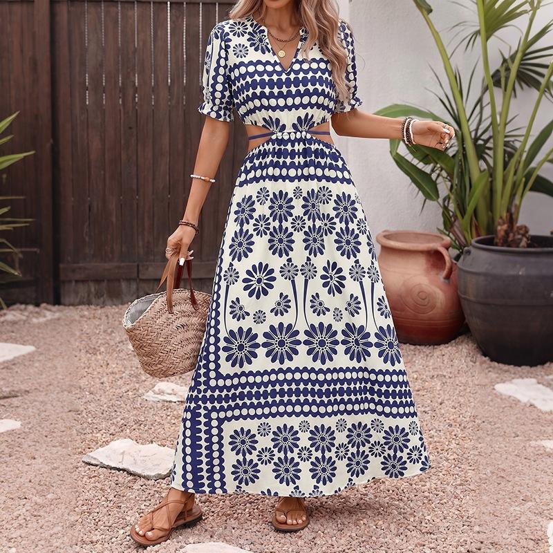 European and American fashion vacation dress V-neck short-sleeved long dress waist hollow lace-up dress