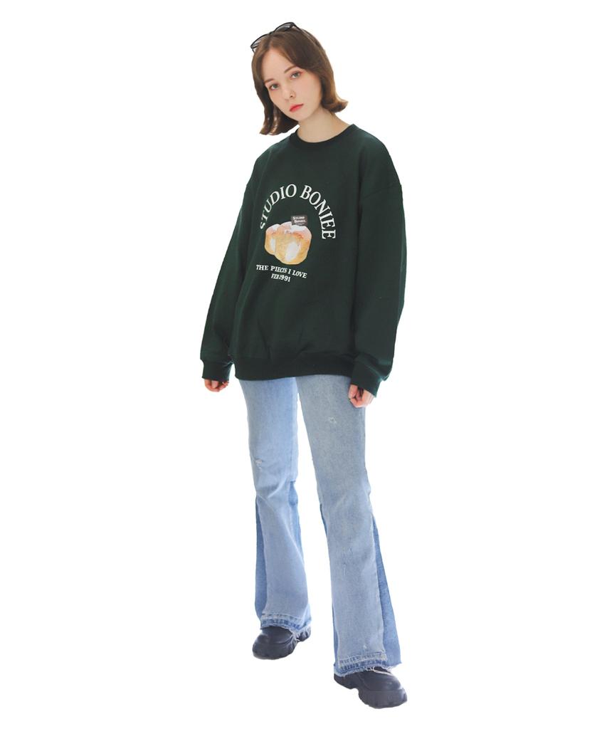 BONIEE [Fleece Lined] Custard Collage Logo Graphic Oversized Sweatshirt Green