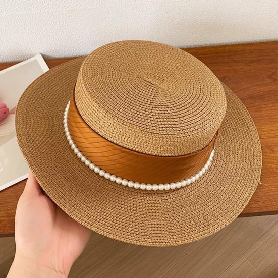 Women Sun Hat Breathable Wide Brim Flat Top French Style Straw Woven Hat with Ribbon Faux Pearls Decoration Summer Outdoor Hat