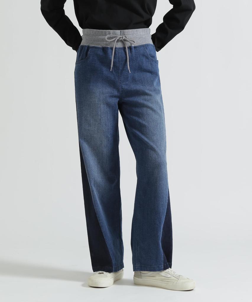 AVIREX WAIST RIB COLOR BLOCKED DENIM PANTS Women's Denim Elastic Waist Drawstring Stretch Easy Plain S Size 367 Indigo 783-6111603