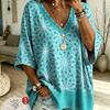 Plus size women's simple floral pattern printed V-neck top three-quarter sleeves loose plus size casual daily T-shirt