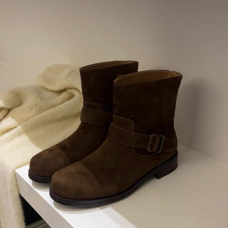 Версия из овчины~ ретро замшевые матовые с круглым носком на толстом каблуке с ремешком и пряжкой короткие ботинки женские 2025 ковбойские ботинки в западном стиле ботинки Мартин
