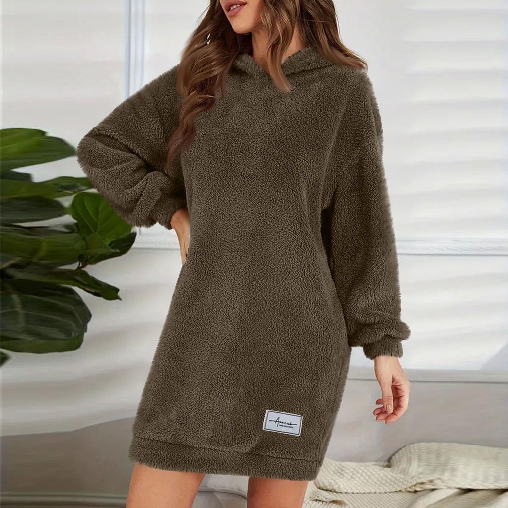 Women's Fashion Hooded Long Sleeve Plush Dress Solid Color Casual Sweatshirt