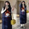 Korean Maternity Jacquard Bear Vest Dress & Base Top - Autumn/Winter Casual Set