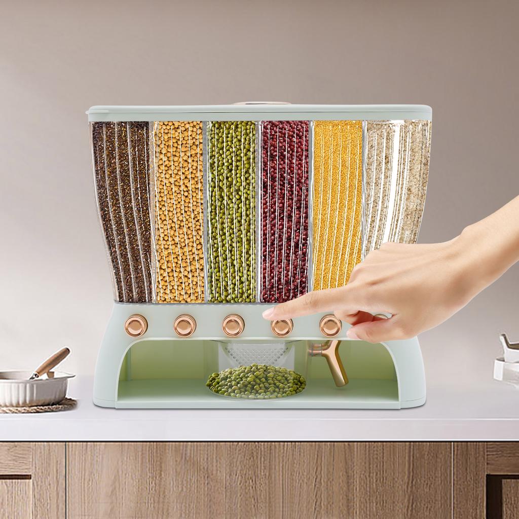 6-Grid Rice Storage Bin, Light Green Multigrain Container - 10kg Capacity, ABS Material - Dry Food Dispenser & Grain Organizer