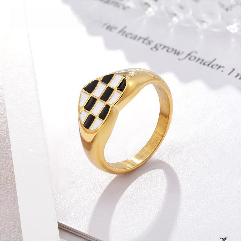 Love Enamel Checkerboard Ring Women's Niche Fashion High-end Finger Ring, Titanium Steel Electroplating Design Sense
