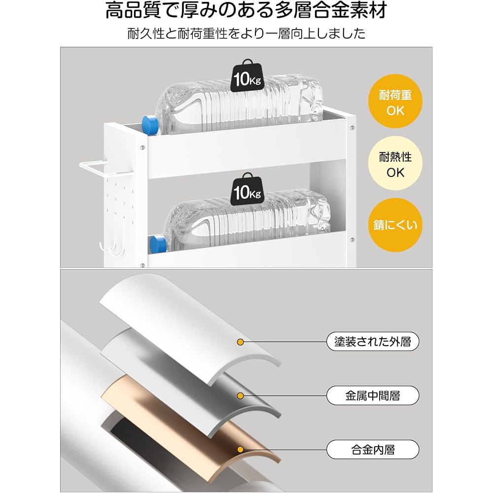 TKUIN Slim Storage Trolley 13cm Wide 4-Tier Rolling Cart White