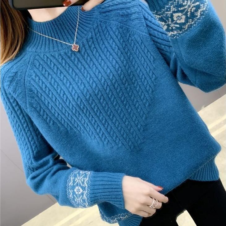 Осенне-зимний женский свитер с полувысоким воротником, свободный, толстый пуловер, вязаный топ, жаккардовый, эластичный вязаный топ, джемпер.