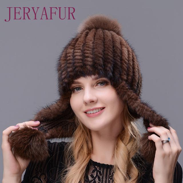 JERYAFUR Шапка с кисточками и помпоном из натурального меха
