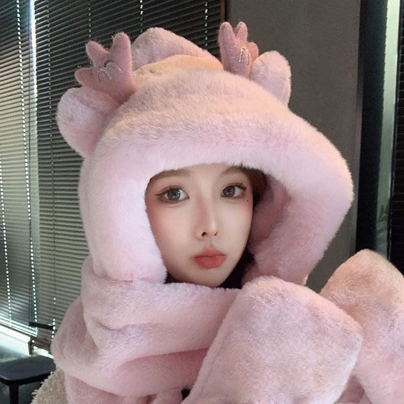 Женский набор: милый шарф-капюшон с мишкой: Плюшевая шапка, шарф и перчатки на зиму