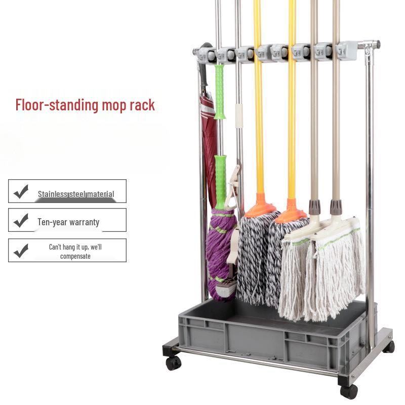 Stainless Steel Floor-standing Mop and Broom Rack with Balcony Storage