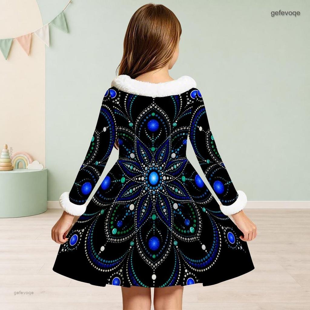 Girls Long Sleeve Black Blue Green Printed Dress White Fur Trim Neck And Cuffs A Line Flared Hem Kids Dress