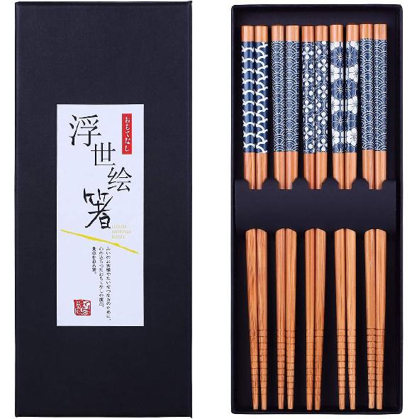Antner 5 Pairs Natural Bamboo Chopsticks Reble Classic Japanese Style Chop Sticks Gift Sets, Dishwasher Safe, 8.8 Inch/22.5cm