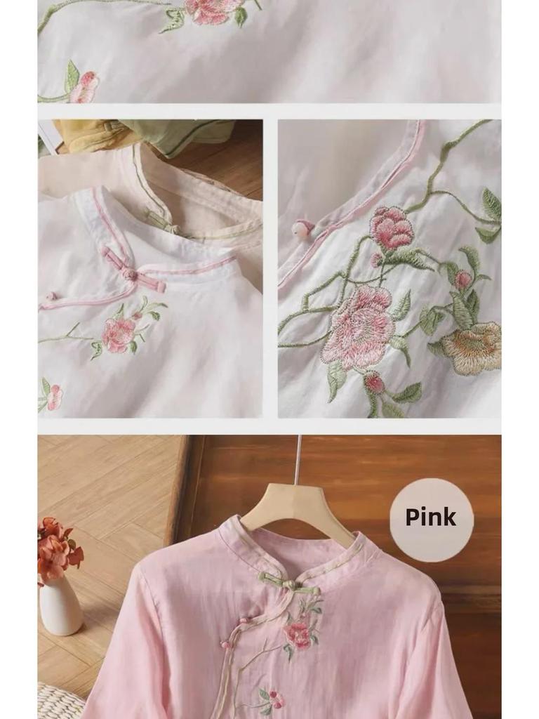 Женский этнический хлопковый топ с вышивкой - китайская косая планка с пуговицами-лягушками, художественная летняя рубашка