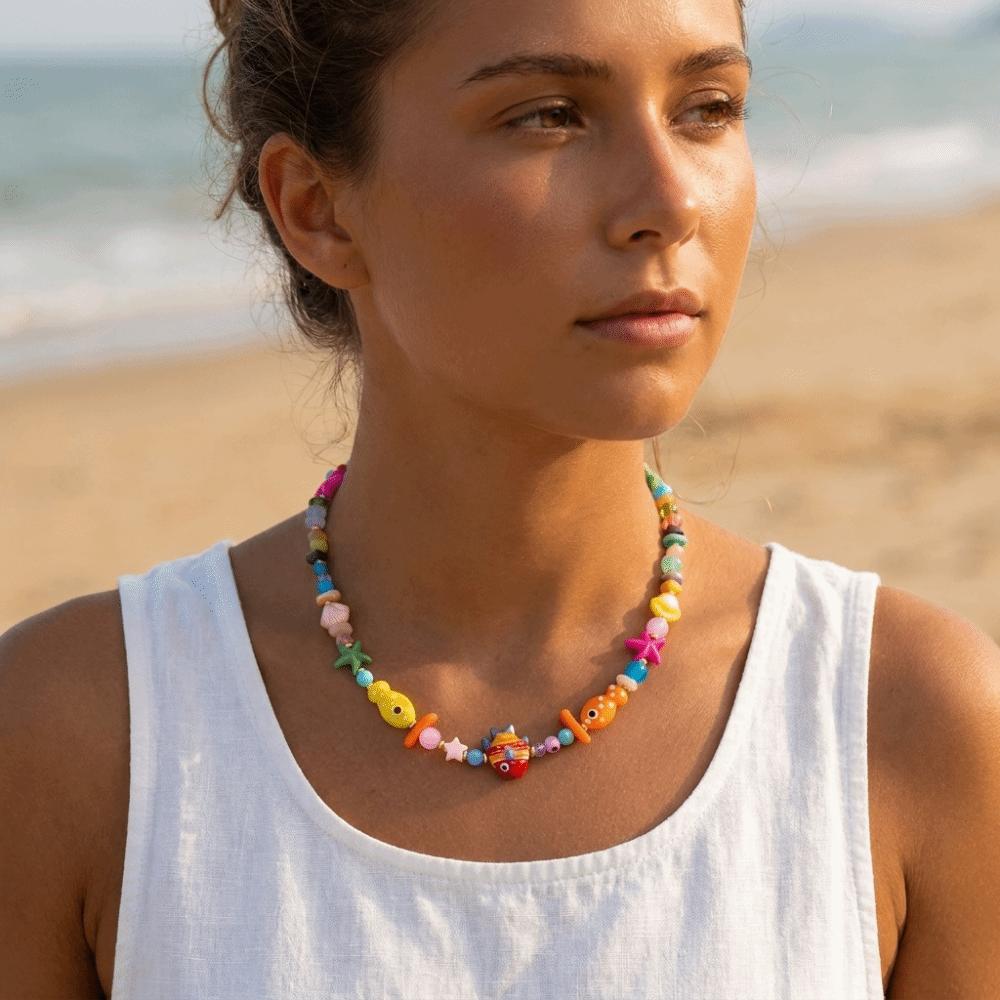 Resin Fish Charms Pendant Scallops Beaded Necklace Jewelry Colorful Fish Necklace  Women